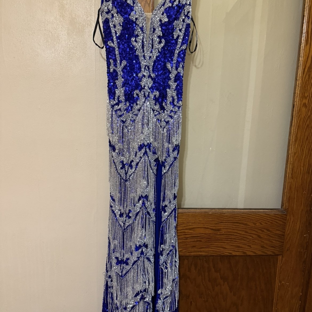 Jovani Royal Blue and Silver Beaded Gown